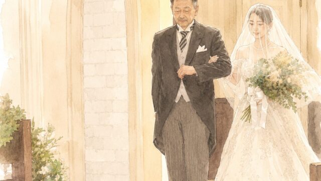 水彩画タッチで描かれた、教会のバージンロードを歩く花嫁と父親のイラスト」