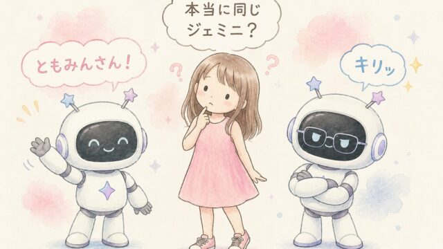 ともみんさんと笑顔のジェミニとキリッとしたスマジェミ。真ん中に本当に同じジェミ二？と首をかしげてる女の子
