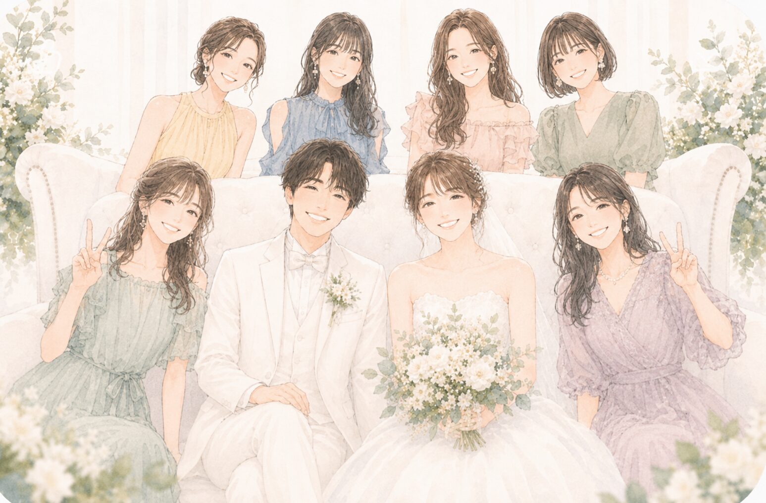 新郎新婦と記念写真を撮る新婦友人たち
