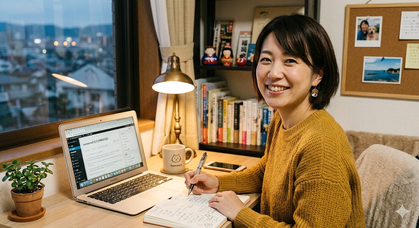 仕事部屋で笑顔で振り返る女性
