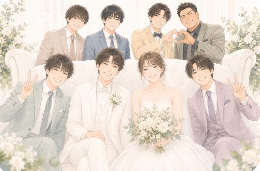 新郎新婦と記念写真を撮る新郎友人たち