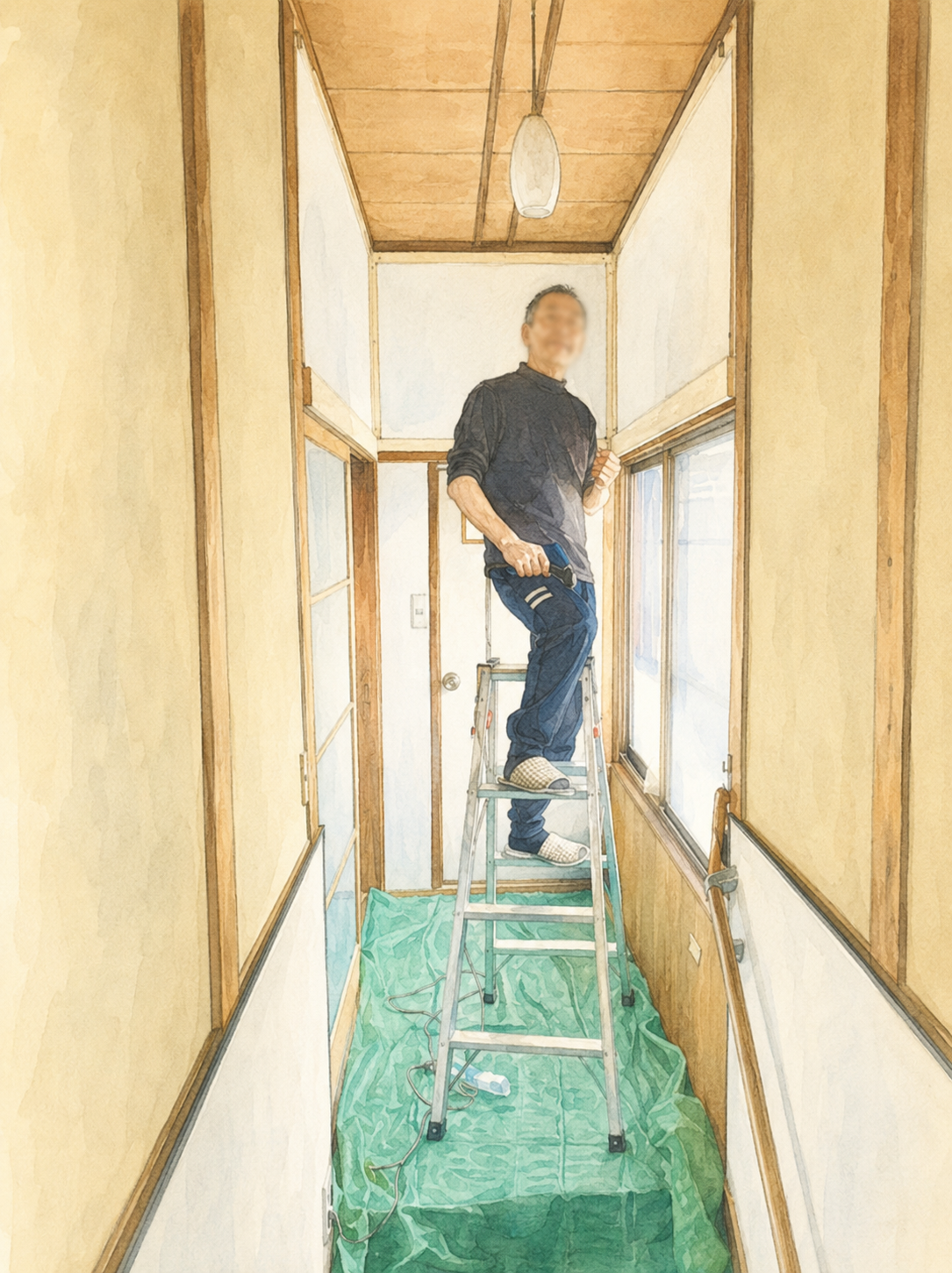 和風の廊下で脚立で作業する、たぁさん