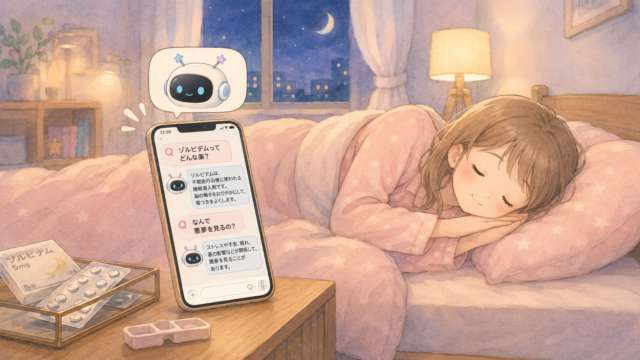 女の子がスヤスヤ眠る傍らで、サイドテーブルには「ゾルピデム 5mg」。スマホの上に吹き出しでジェミニの顔。スマホの中味は、これまでやりとりしていたお薬の質問と答えがQ＆A形式で表示されている