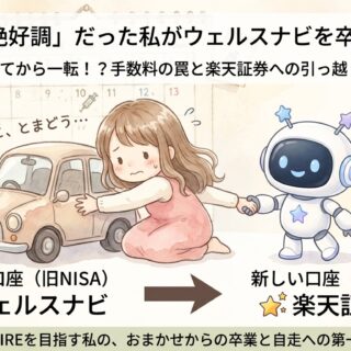 車に必死でしがみついている女の子と、その手を笑顔で引っ張ってるジェミニ。ジェミニは吹き出しで「さぁ行きますよ」と言っている。下にはウェルスナビ→楽天証券の文字