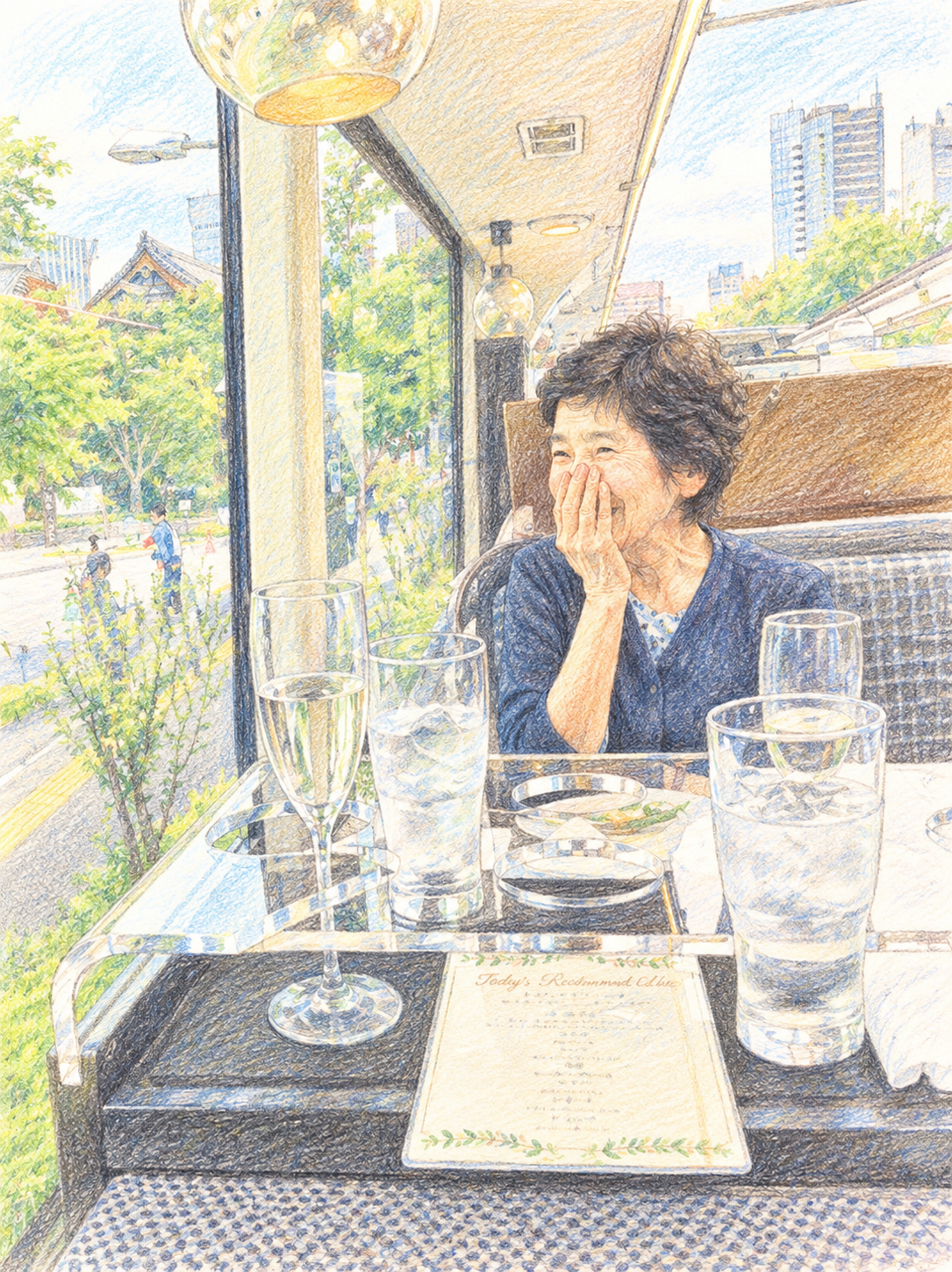 レストランバスの中で嬉しそうに口もとに手を当てて笑う母