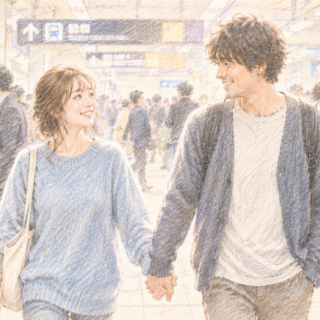 地下鉄の人込みの中、みんな急ぎ足な中、二人は幸せそうに見つめ合い、手をつないで歩いている