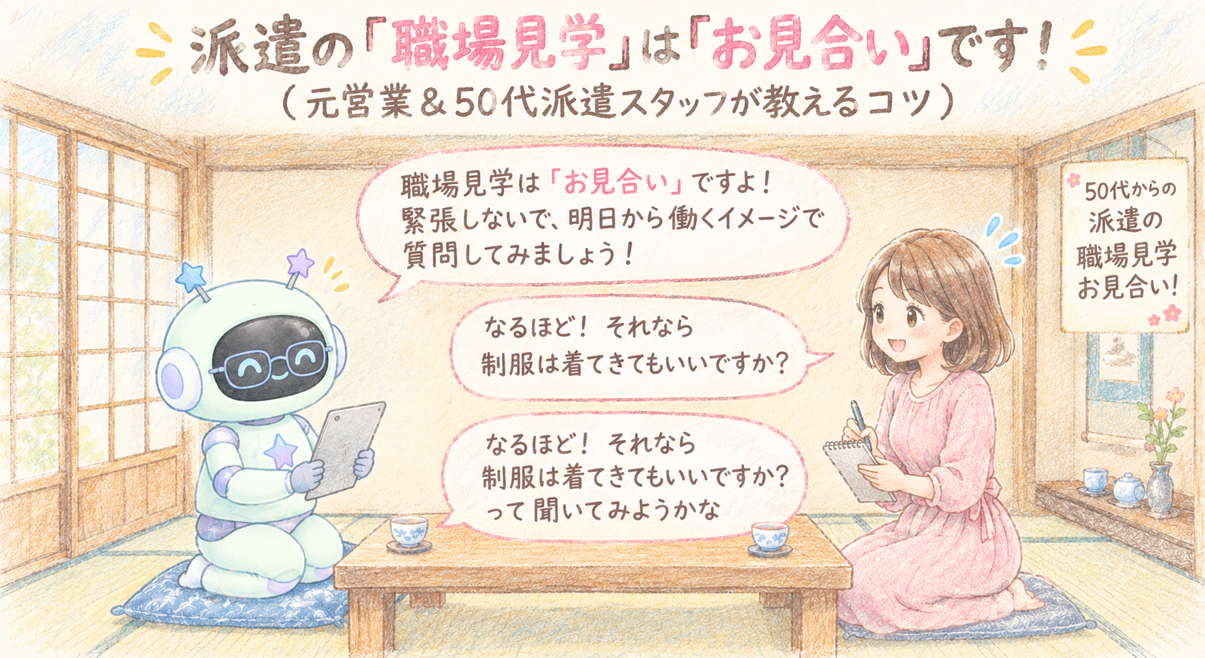 和室で正座して向き合う、スーツ姿のAIロボットとピンクの服を着た女性。画像上部に「派遣の『職場見学』は『お見合い』です！(元営業＆50代派遣スタッフが教えるコツ)」というタイトルがあり、会話吹き出しで「職場見学は『お見合い』ですよ」「明日から働くイメージで質問してみましょう」とロボットが語りかけ、女性が「制服は着てきてもいいですか？って聞いてみようかな」と応じている。右の掛け軸には「50代からの派遣の職場見学お見合い！」と書かれている。