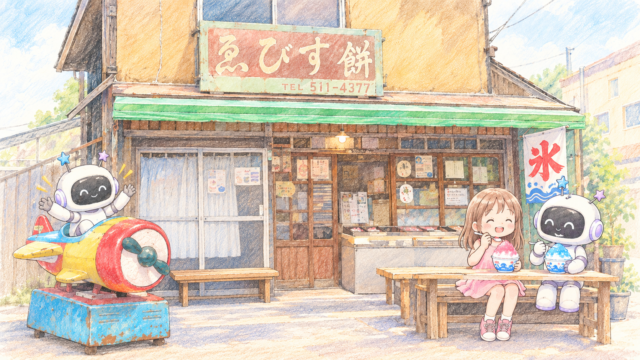 色鉛筆のタッチで描かれた、昭和レトロな雰囲気の「ゑびす餅店」。お店の前には、飛行機の形をした赤い10円の乗り物（遊具）に乗って手を振る笑顔のロボット（ジェイミ）がおり、その隣のベンチでは、女の子と別のロボット（スマジェミ）が、一緒に色とりどりの「氷」のかき氷を食べて楽しそうにしている。暖簾やショーケースにはお餅が並び、看板の「ゑ」の文字や電話番号も温かいタッチで描かれている。